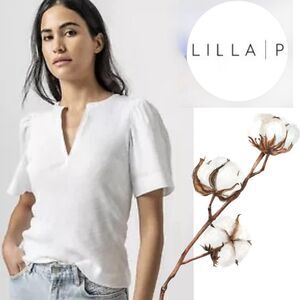 Lilla P Top Shirt Size L White Mixed Media Short Sleeve Split Neck Made in Peru